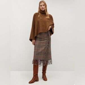 NWOT Mango Checked Fringed Wool Midi Skirt